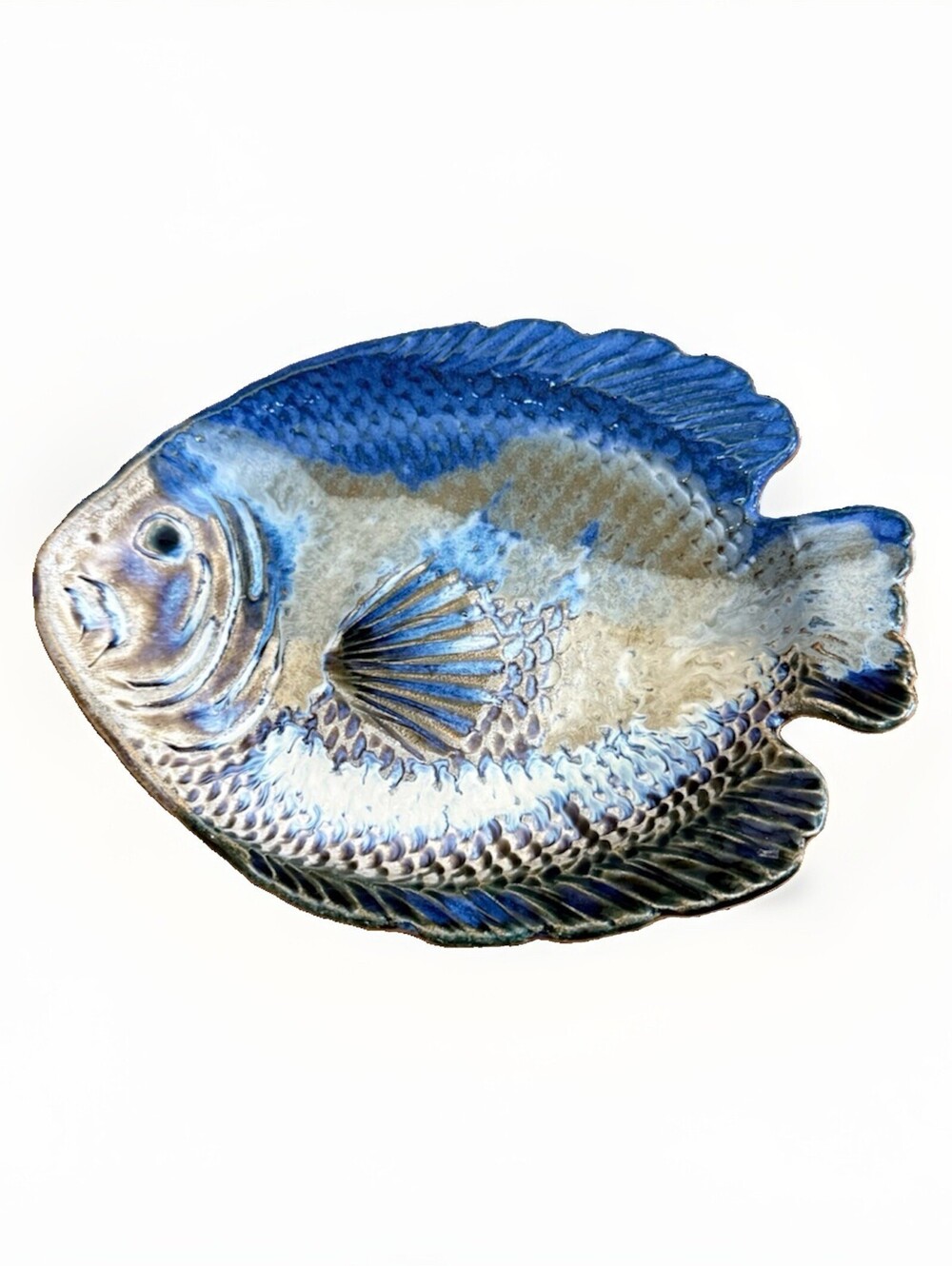 Vintage Collectible Hand Painted Pottery Fish Shaped Serving Plate Dish 10x6”